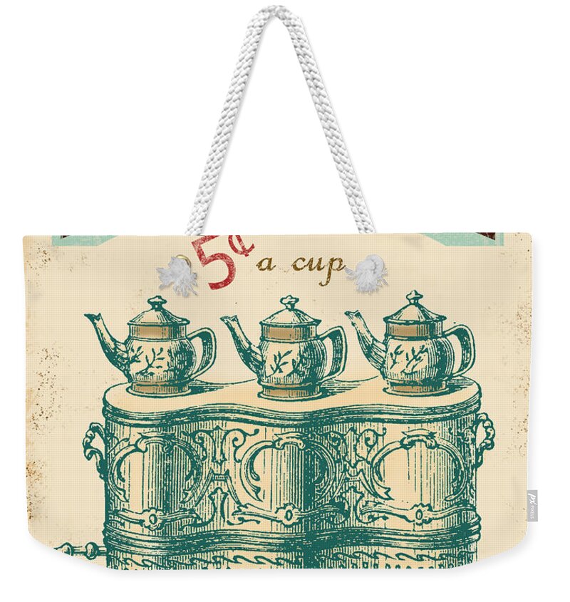 Jean Plout Weekender Tote Bag featuring the digital art Vintage Tea Time Sign by Jean Plout