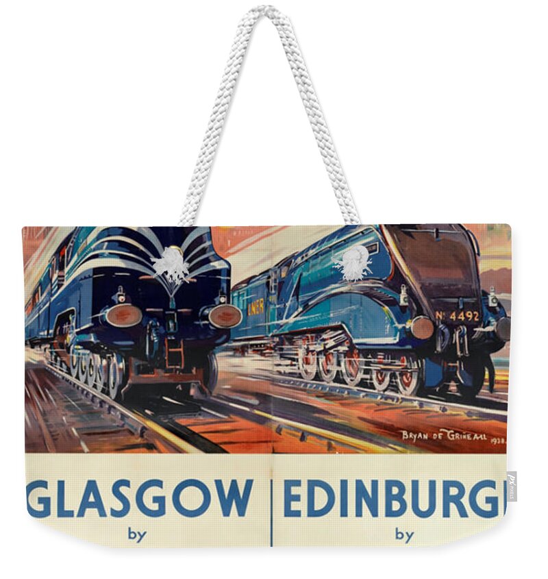 Glasgow Weekender Tote Bag featuring the digital art Vintage Train Travel - Glasgow and Edinburgh by Georgia Fowler