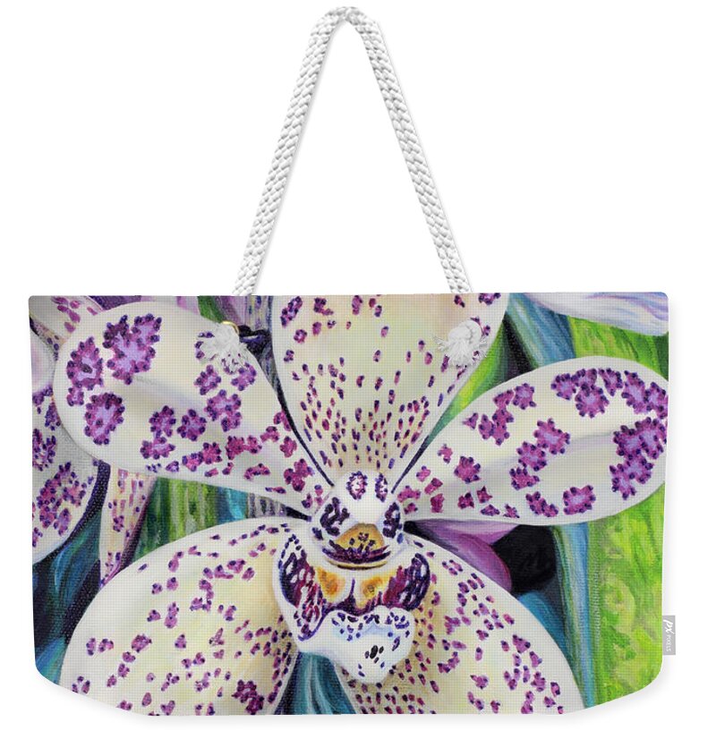 Flower Weekender Tote Bag featuring the painting Violet Dotted Orchid by Jane Girardot