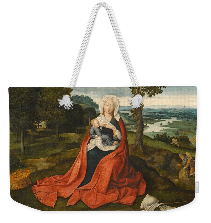 Workshop Of Joachim Patinir Weekender Tote Bag featuring the painting Virgin and Child seated before an extensive Landscape by Workshop of Joachim Patinir