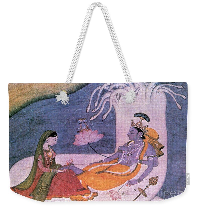 Religion Weekender Tote Bag featuring the photograph Vishnu And Lakshmi Float Across Cosmos by Photo Researchers