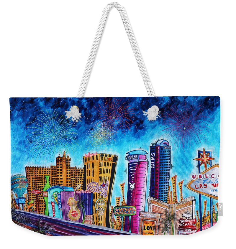 Vegas Weekender Tote Bag featuring the painting Viva Las Vegas a Fun and Funky PoP Art Painting of the Vegas Skyline and Sign by Megan Duncanson by Megan Aroon