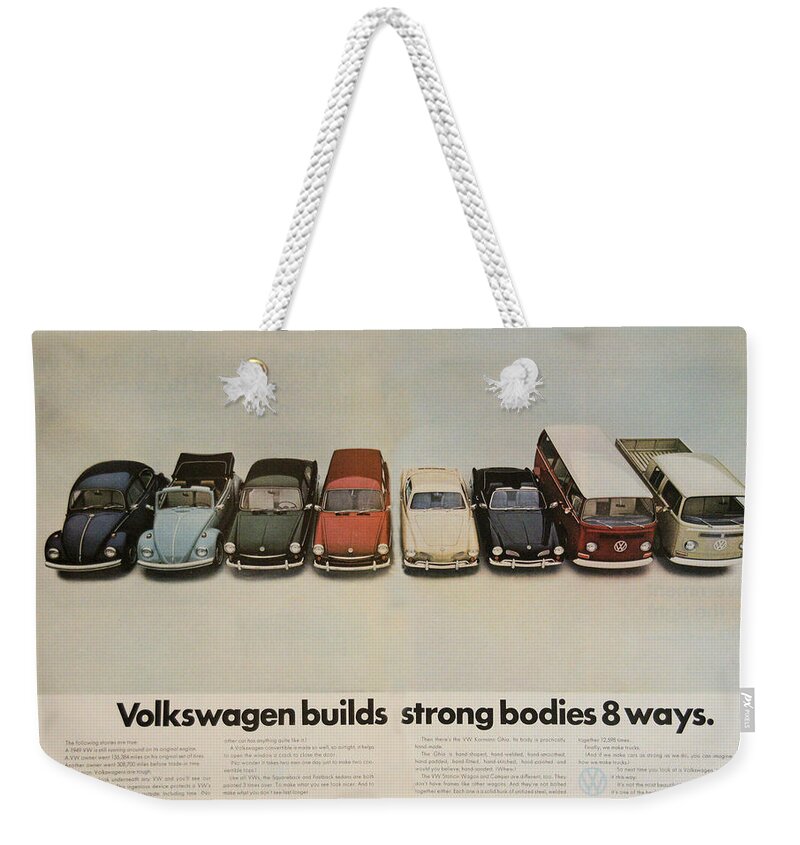 Vw Beetle Weekender Tote Bag featuring the digital art Volkswagen builds strong bodies 8 ways by Georgia Fowler