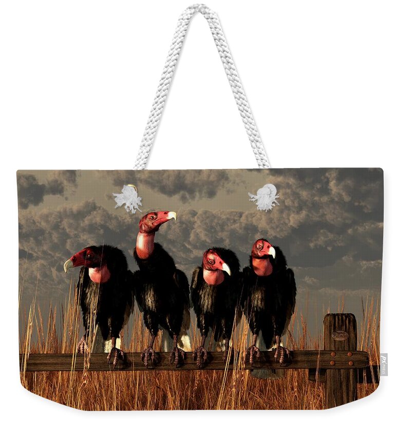Vulture Weekender Tote Bag featuring the digital art Vultures on a Fence by Daniel Eskridge