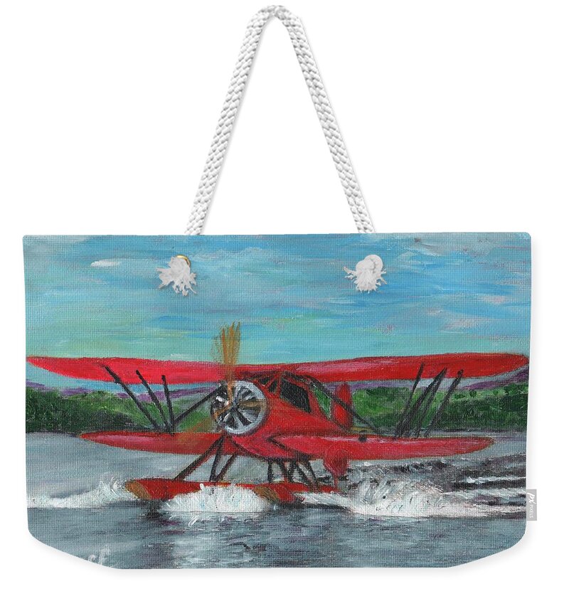 Water Weekender Tote Bag featuring the painting Waco Cabin Biplane Circa 1930 by Cliff Wilson
