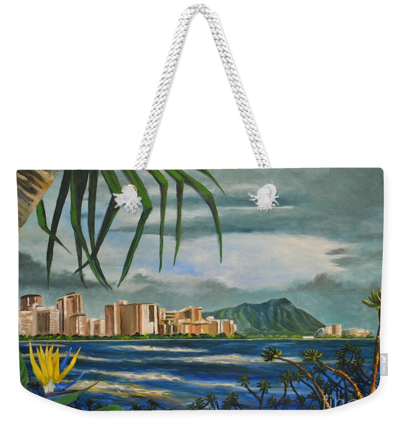 Diamond Head Weekender Tote Bag featuring the painting Waikiki View by Larry Geyrozaga