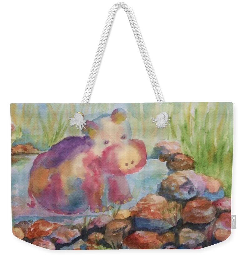 Hippo Weekender Tote Bag featuring the painting Waiting by Ellen Levinson