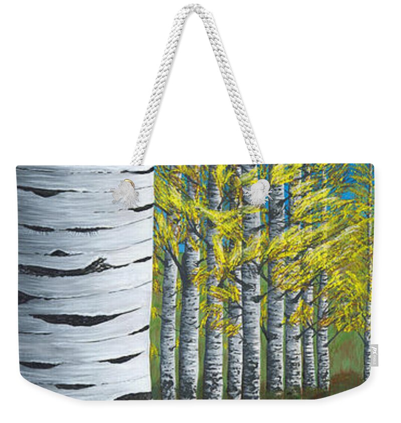 Aspen Weekender Tote Bag featuring the painting Walk Through Aspens triptych 1 by Rebecca Parker