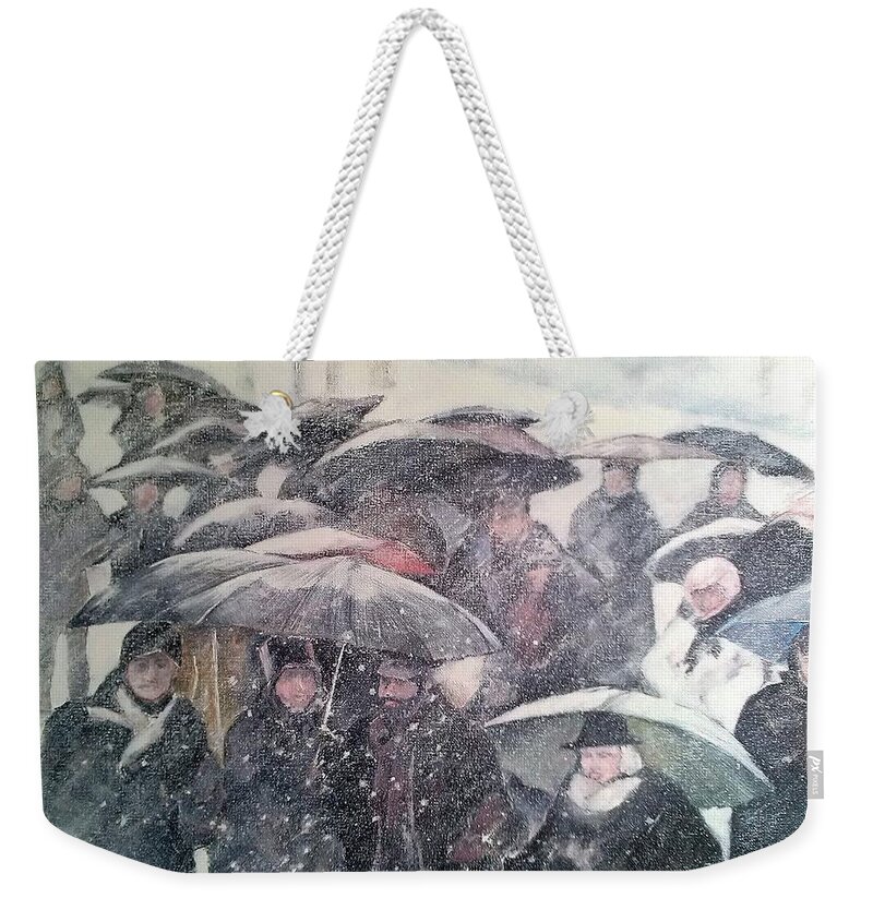 Snow Weekender Tote Bag featuring the painting Walking In The Snow by Tomas Castano