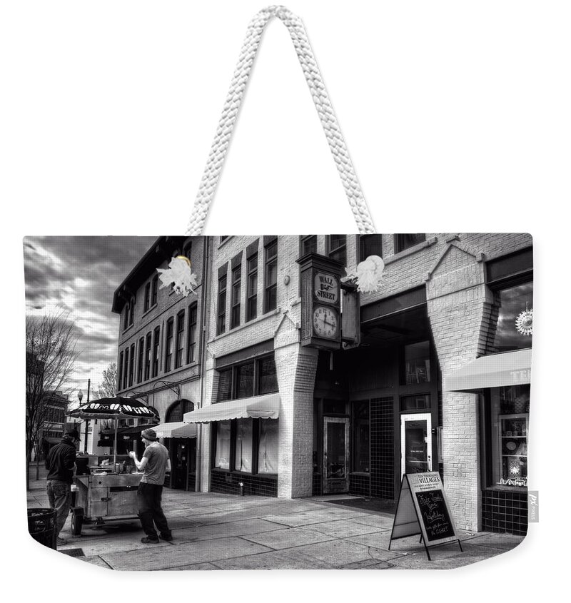Asheville Weekender Tote Bag featuring the photograph Wall Street Hot Dogs in Asheville NC by Greg and Chrystal Mimbs