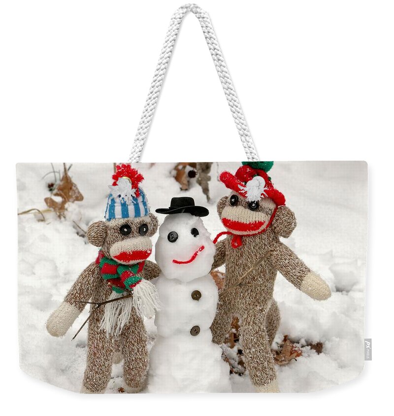 Wally Weekender Tote Bag featuring the photograph Wally and Petey Snowman by Jennifer Wheatley Wolf