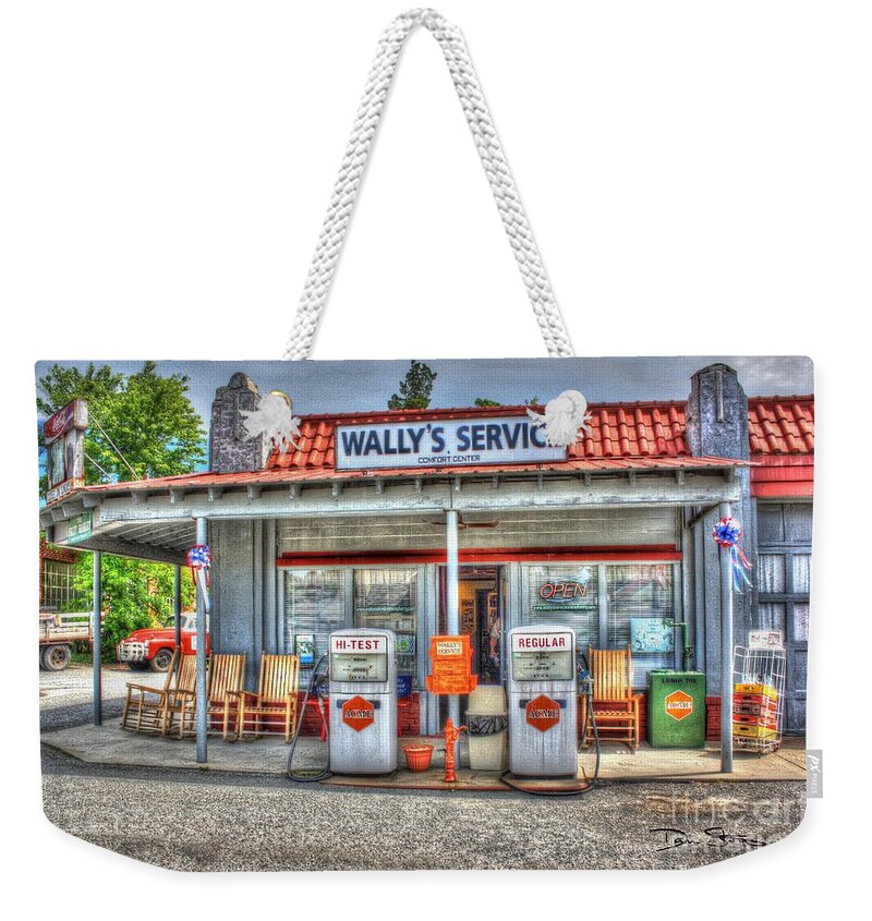 Vintage Weekender Tote Bag featuring the photograph Wally's Service Station by Dan Stone