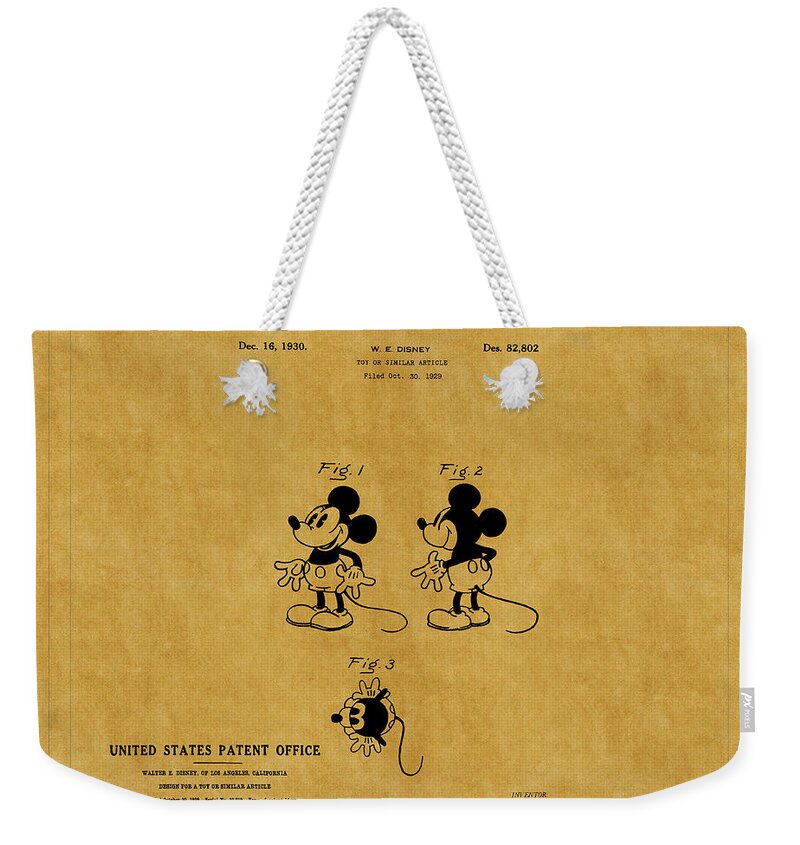 Disney Weekender Tote Bag featuring the photograph Walt Disney Patent A by Andrew Fare