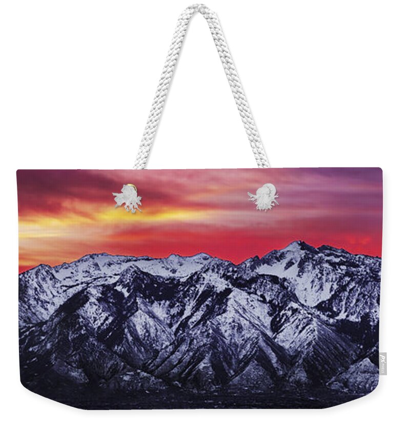 Sky Weekender Tote Bag featuring the photograph Wasatch Sunrise 3x1 by Chad Dutson