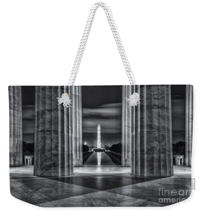 Clarence Holmes Weekender Tote Bag featuring the photograph Washington Monument from Lincoln Memorial II by Clarence Holmes