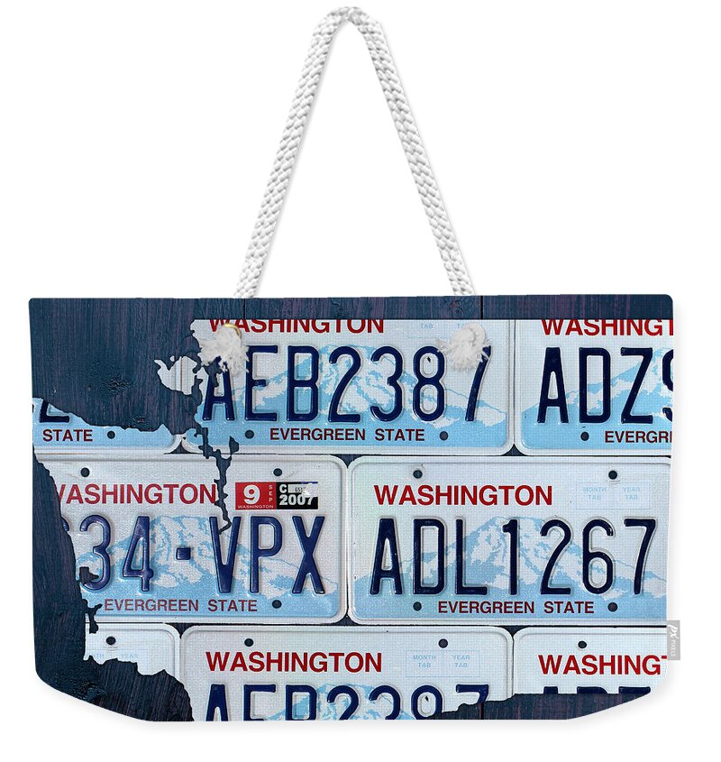 Washington Weekender Tote Bag featuring the mixed media Washington State License Plate Map Art by Design Turnpike