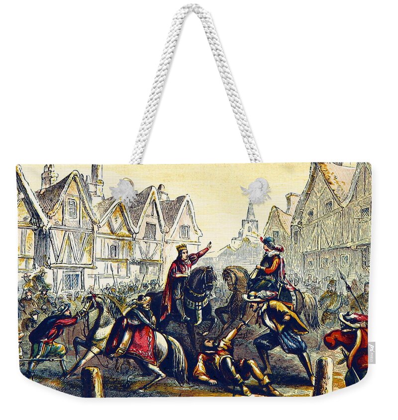 History Weekender Tote Bag featuring the photograph Wat Tylers Death, The Peasants Revolt by British Library