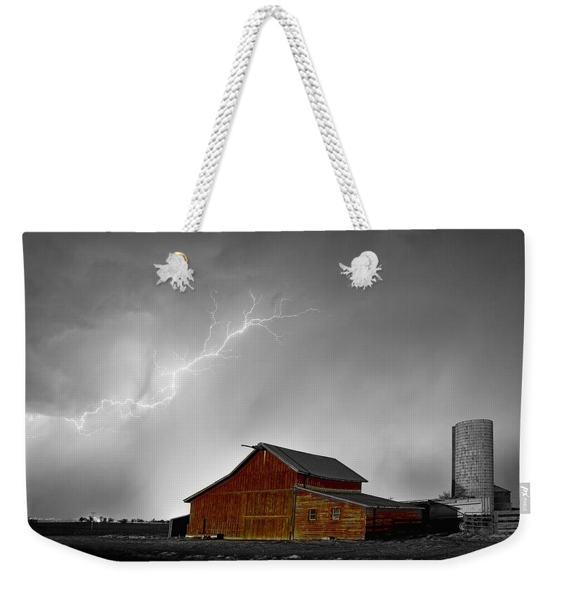 Lightning Weekender Tote Bag featuring the photograph Watching The Storm From The Farm BWSC by James BO Insogna