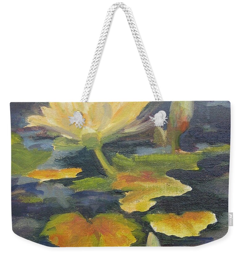 Floral Weekender Tote Bag featuring the painting Water Lily in the Fountain by Maria Hunt