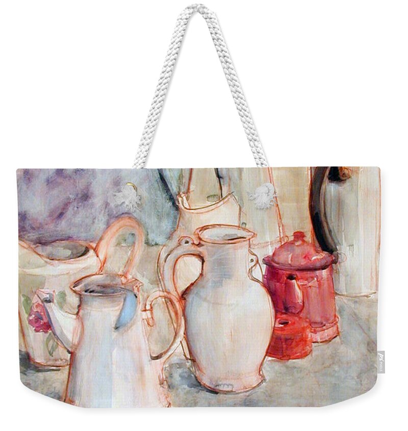 Greta Corens Watercolors Weekender Tote Bag featuring the painting Watercolor still life with red can by Greta Corens