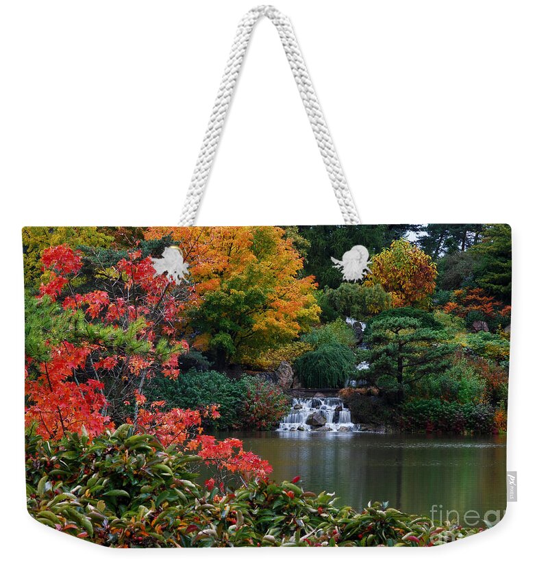 Waterfall Weekender Tote Bag featuring the photograph Waterfall at Japanese Garden by Nancy Mueller