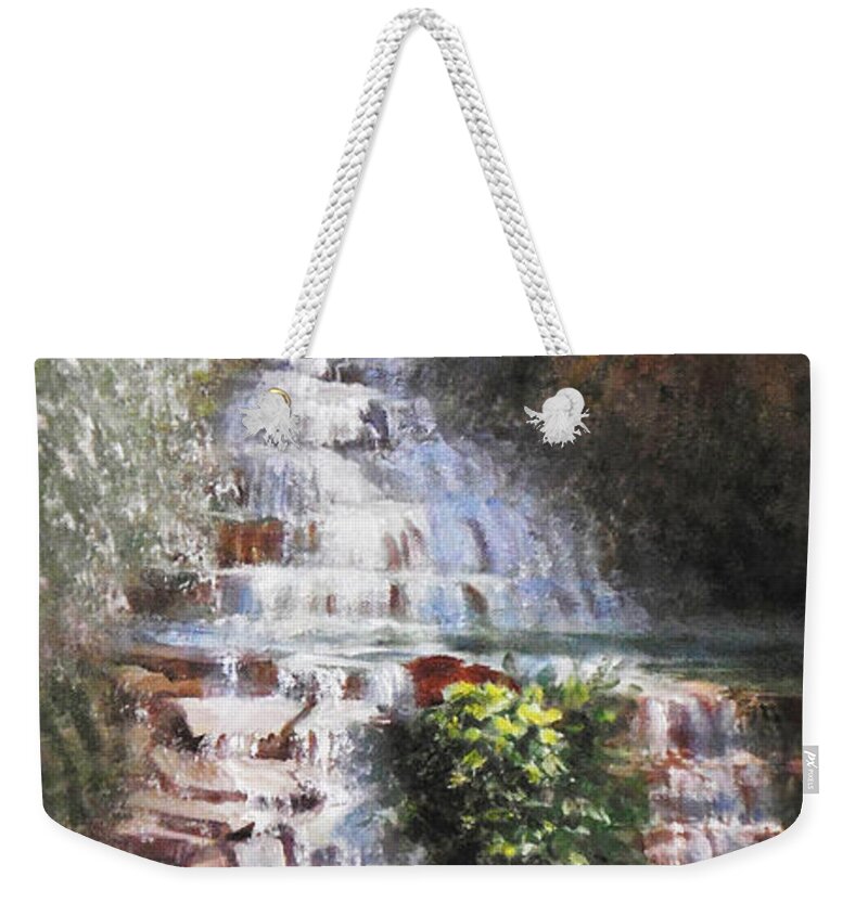 Waterfall Weekender Tote Bag featuring the painting Waterfall Garden by Maryann Boysen