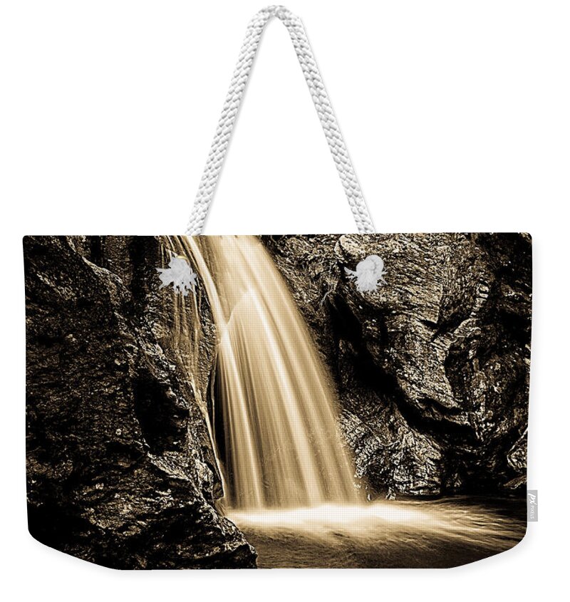 Water Weekender Tote Bag featuring the photograph Waterfall Stowe Vermont Sepia Tone by Edward Fielding