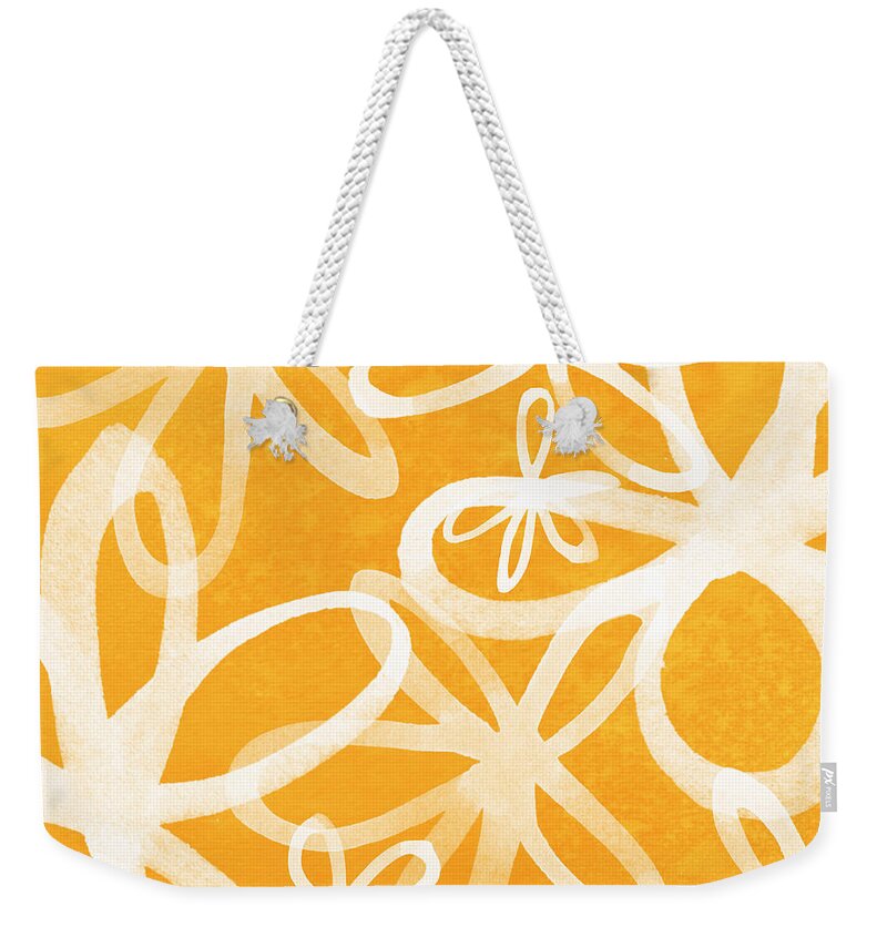 Large Abstract Floral Painting Weekender Tote Bag featuring the painting Waterflowers- orange and white by Linda Woods