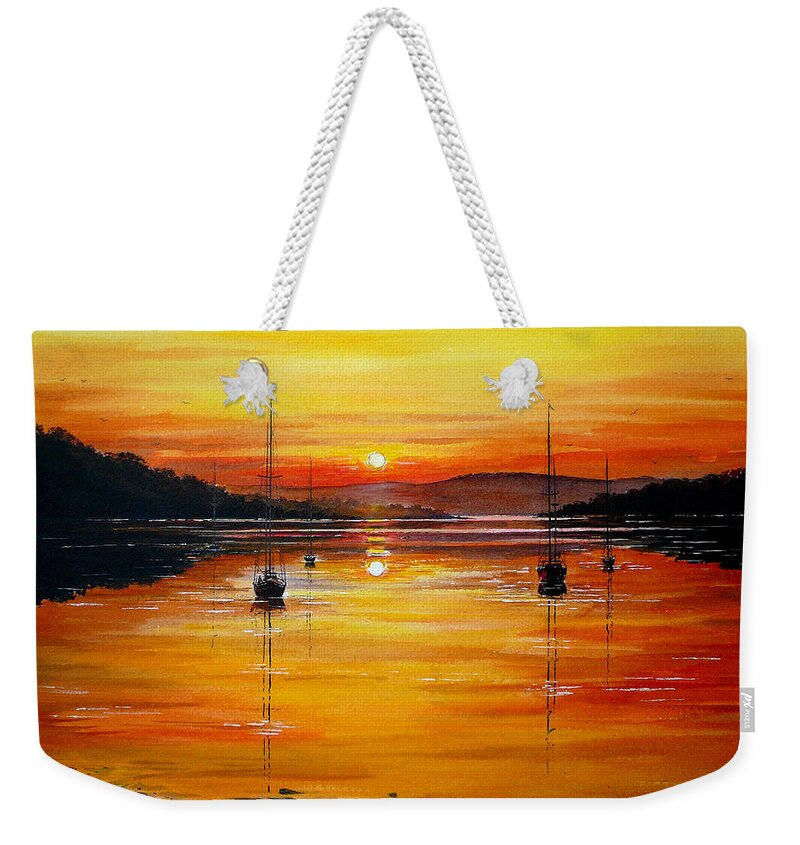 Yachts Weekender Tote Bag featuring the painting Watery Sunset at Bala lake by Andrew Read