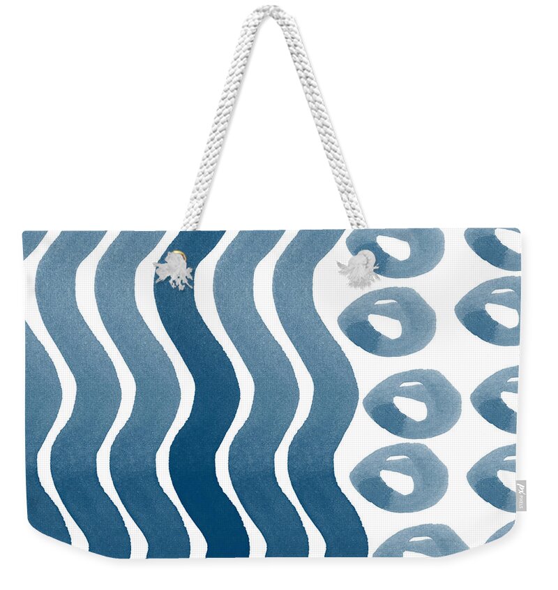 Watercolor Weekender Tote Bag featuring the painting Waves and Pebbles- Abstract watercolor in indigo and white by Linda Woods