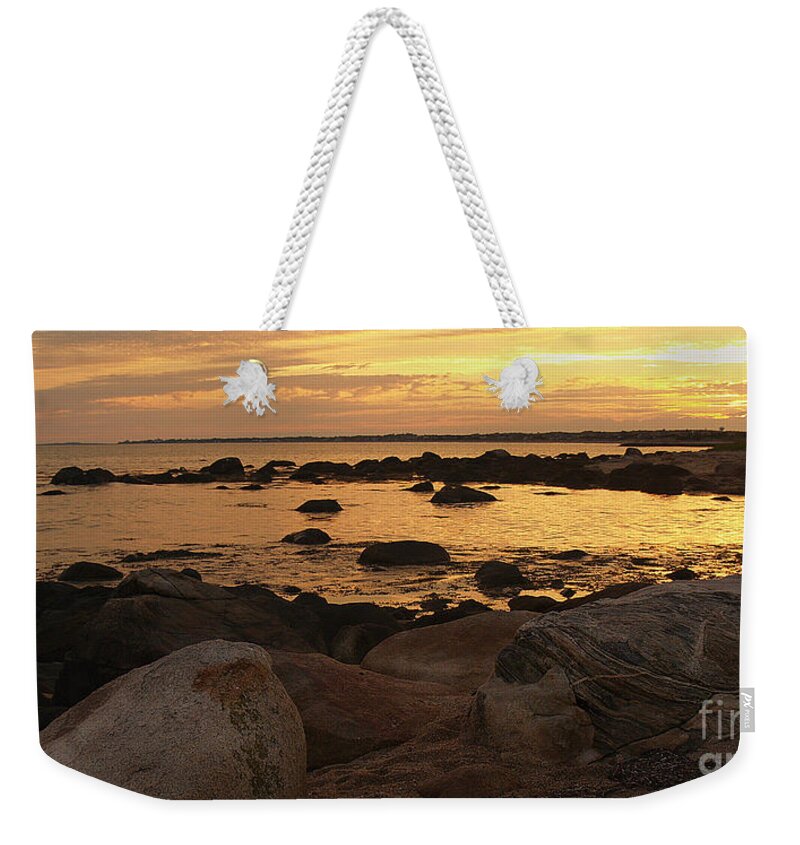Weekapaug Weekender Tote Bag featuring the photograph Weekapaug Beach Golden Sunset by Anna Lisa Yoder