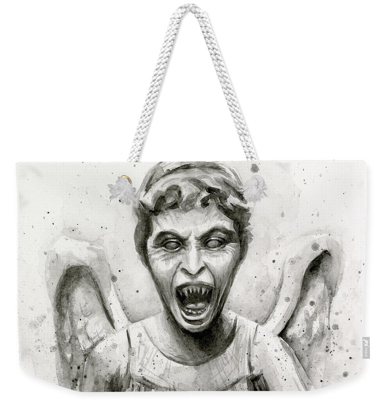Weeping Weekender Tote Bag featuring the painting Weeping Angel Watercolor - Don't Blink by Olga Shvartsur