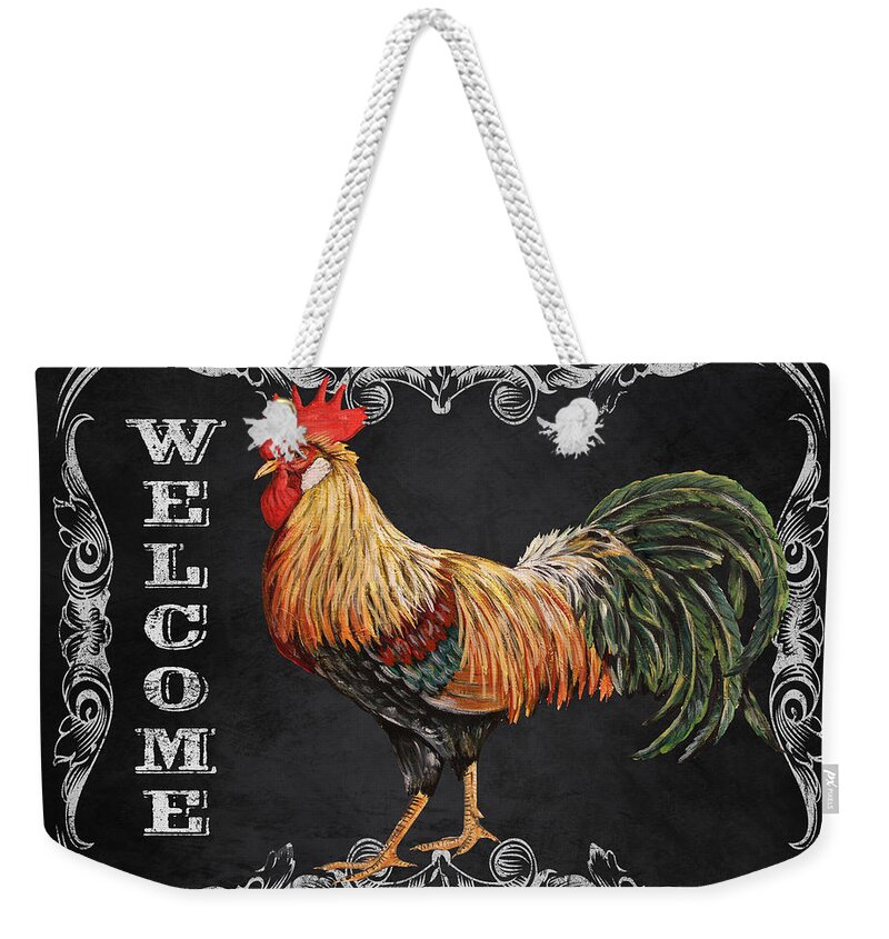 Blackboard Weekender Tote Bag featuring the mixed media Welcome Rooster-JP2618 by Jean Plout