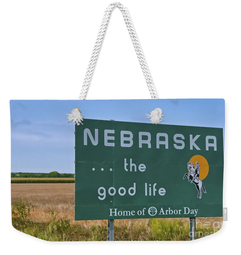Welcome Weekender Tote Bag featuring the photograph Welcome To Nebraska Sign by Bill Bachmann