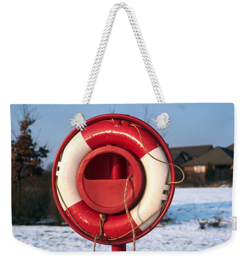 Lifebuoy Weekender Tote Bag featuring the photograph West Hunsbury Lifebuoy by Gordon James