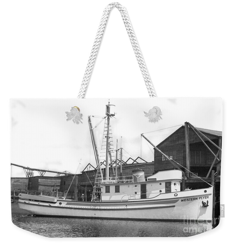  Western Flyer Weekender Tote Bag featuring the photograph Western Flyer purse seiner Tacoma Washington State March 1937 by Monterey County Historical Society