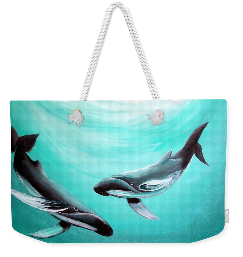 Whales Weekender Tote Bag featuring the painting Whales by Bernadette Krupa