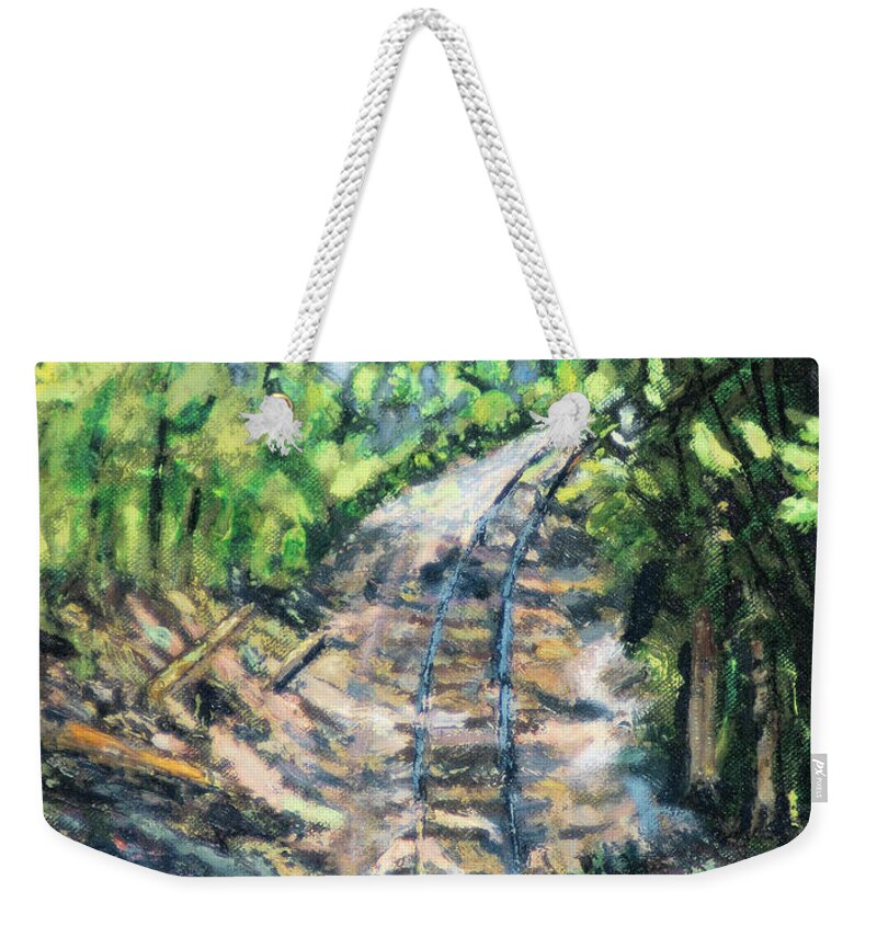 Tree Path Railroad Track Rock Forest Weekender Tote Bag featuring the painting What's Around the Bend? by Michael Daniels