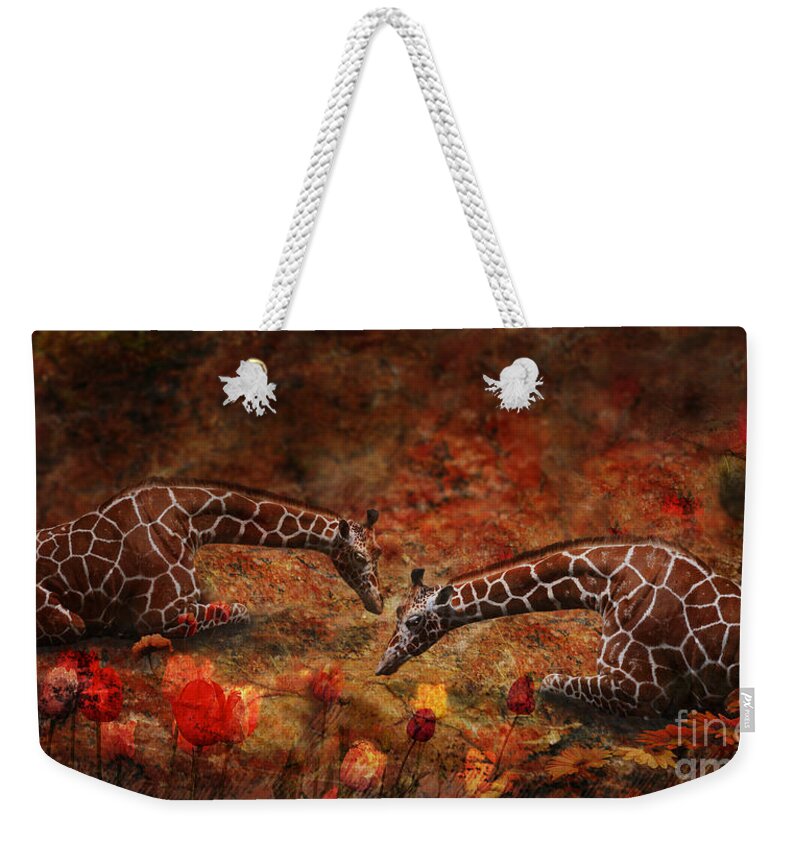 Baby Giraffe Weekender Tote Bag featuring the photograph Whimsical Garden by Melinda Hughes-Berland