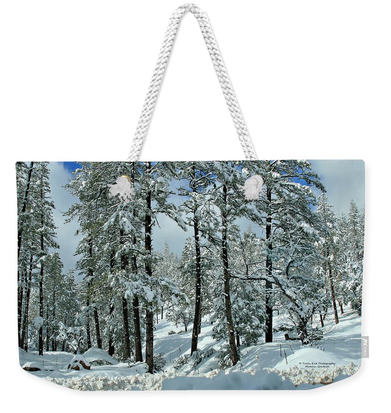 Landscape Weekender Tote Bag featuring the photograph Whispering Snow by Matalyn Gardner