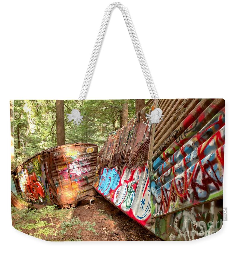 Canadian Train Wreck Weekender Tote Bag featuring the photograph Whistler Train Wreck Box Cars by Adam Jewell