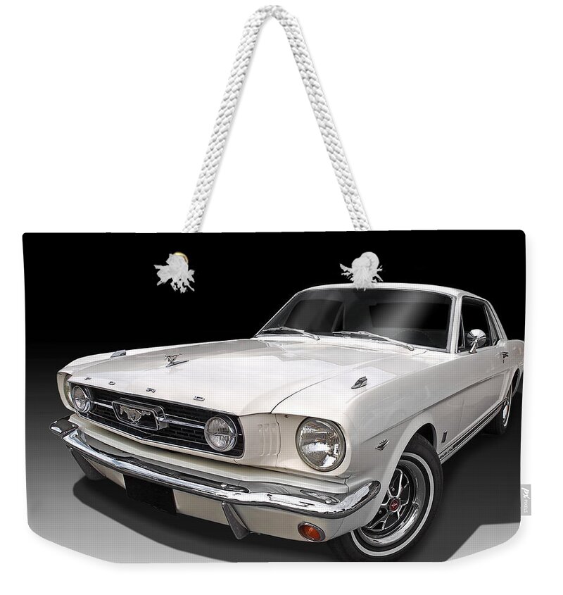 Ford Mustang Weekender Tote Bag featuring the photograph White 1966 Mustang by Gill Billington