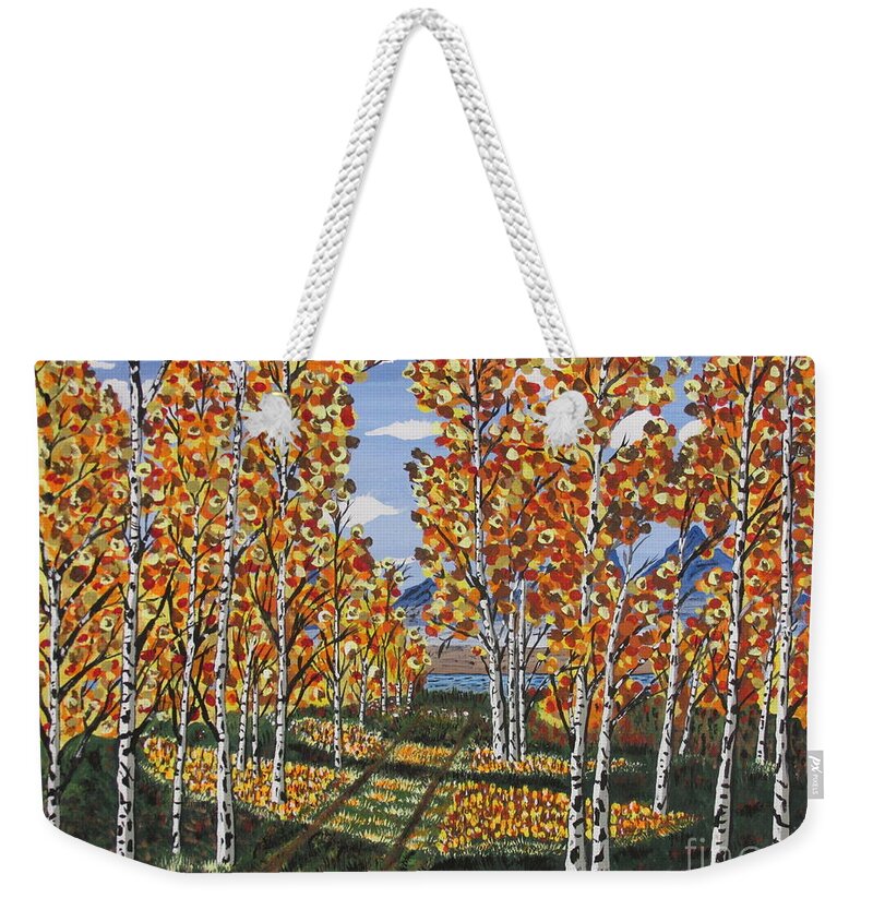 Wall Art Weekender Tote Bag featuring the painting White Birch Reservoir Painting by Jeffrey Koss