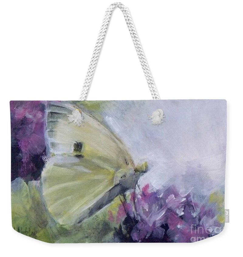 Butterfly Weekender Tote Bag featuring the painting White Butterfly 2 by Mary Hubley