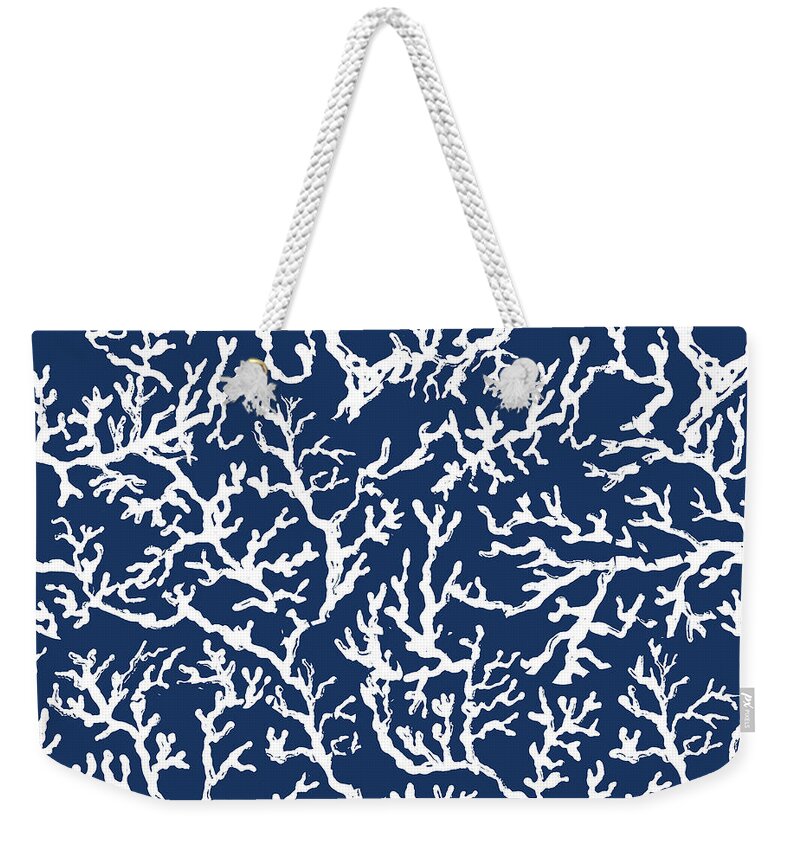 White Weekender Tote Bag featuring the mixed media White Coral On Blue Pattern by South Social D