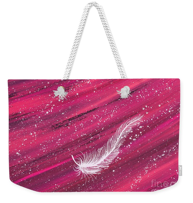 Feather Weekender Tote Bag featuring the painting White spiritual feather on pink streak by Carolyn Bennett by Simon Bratt