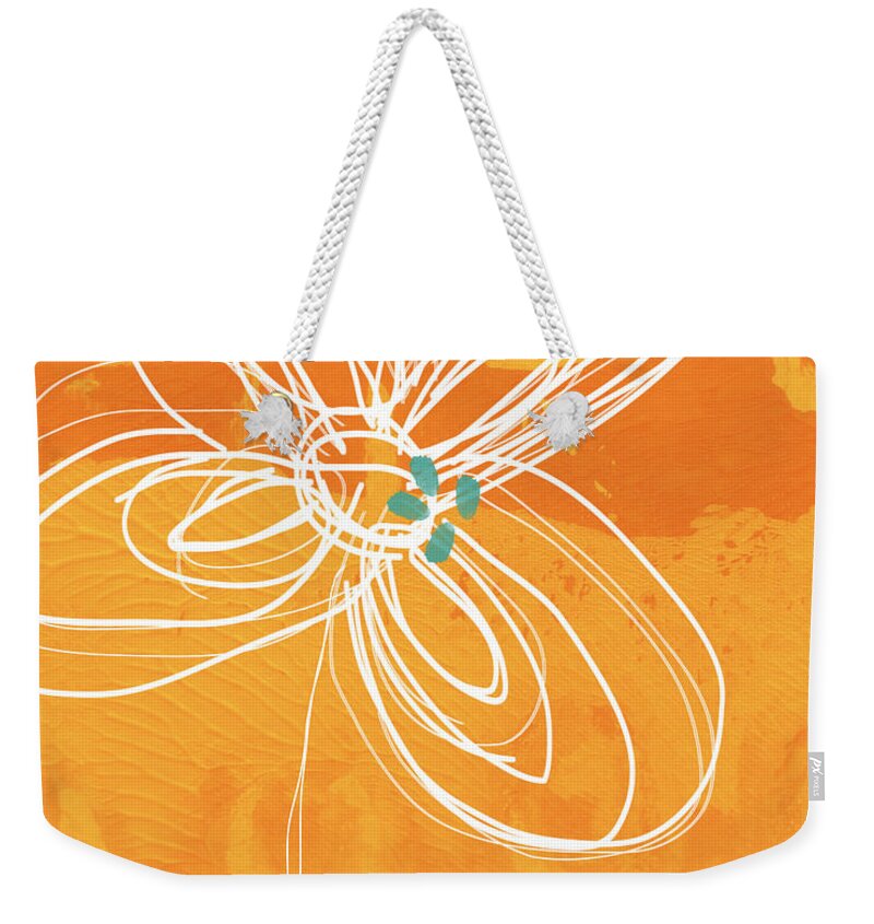 Flower Weekender Tote Bag featuring the painting White Flower on Orange by Linda Woods