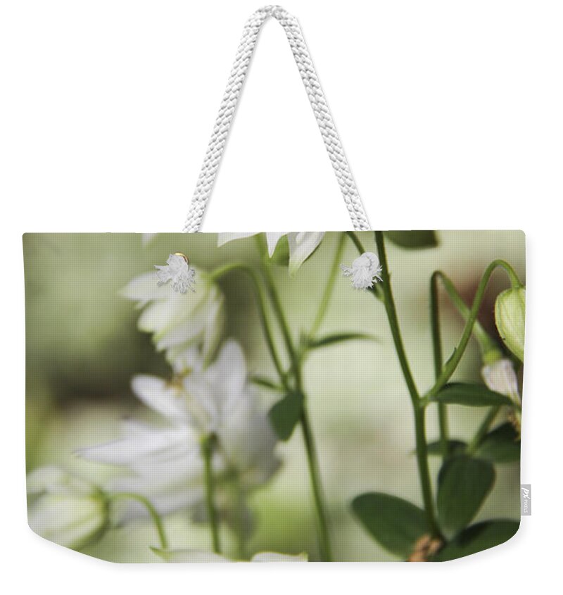 Columbine Weekender Tote Bag featuring the photograph White Frilly Columbines by Teresa Mucha