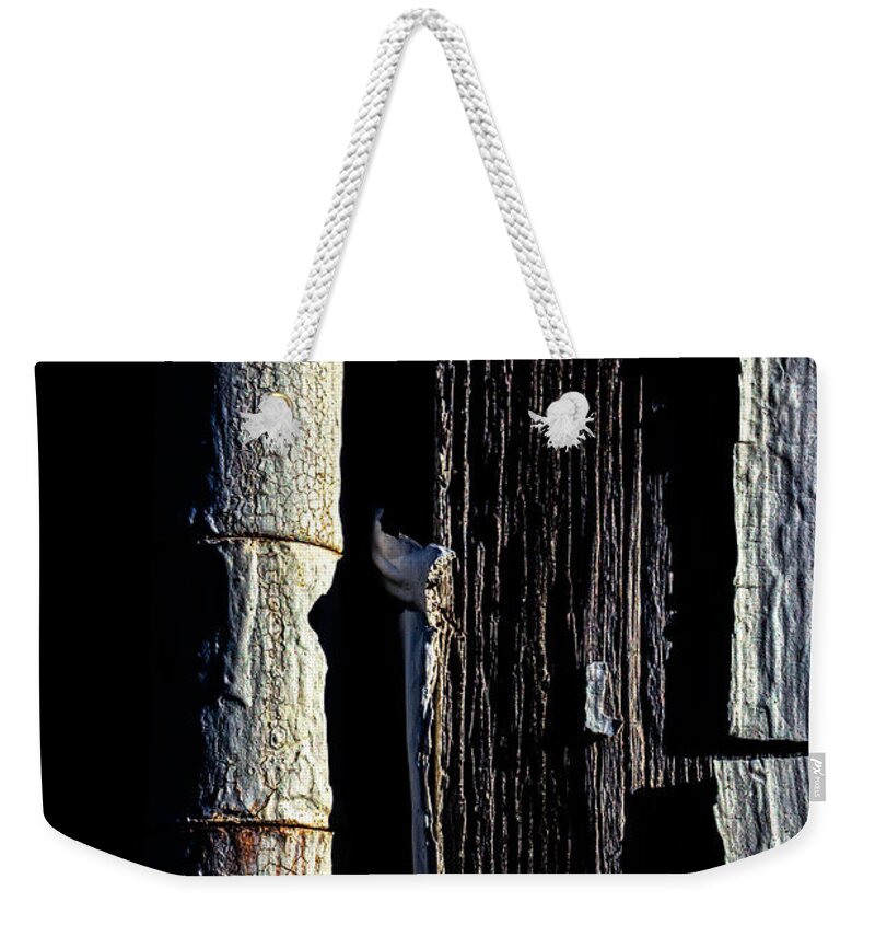 Abstract Weekender Tote Bag featuring the photograph White Hinge On The Old Red Barn by Bob Orsillo
