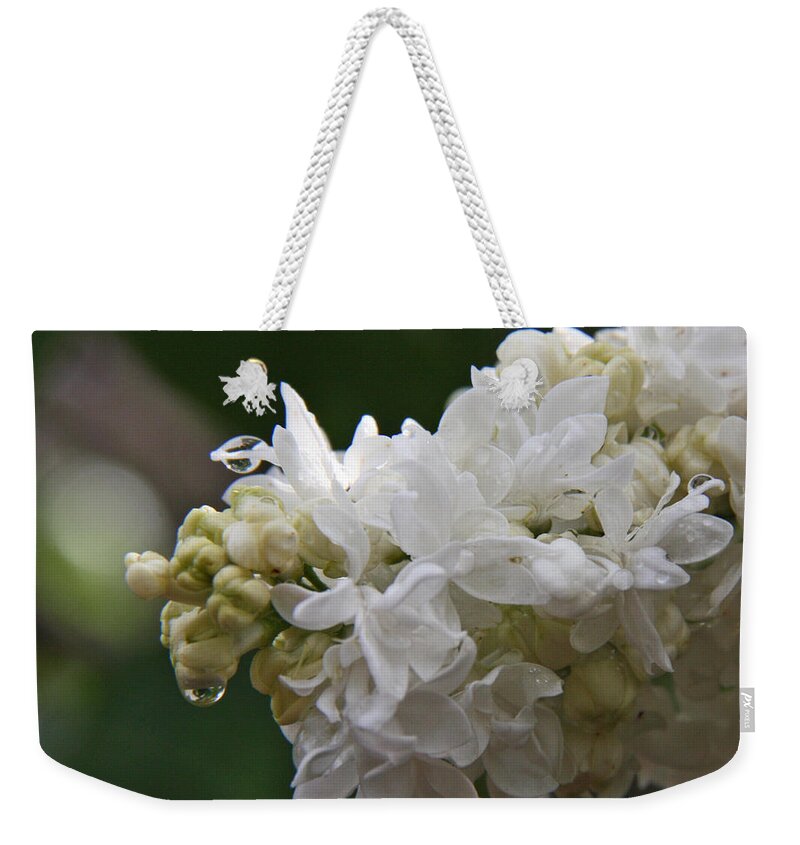 White Flower Weekender Tote Bag featuring the photograph White Lilac in the Rain by Elizabeth Rose